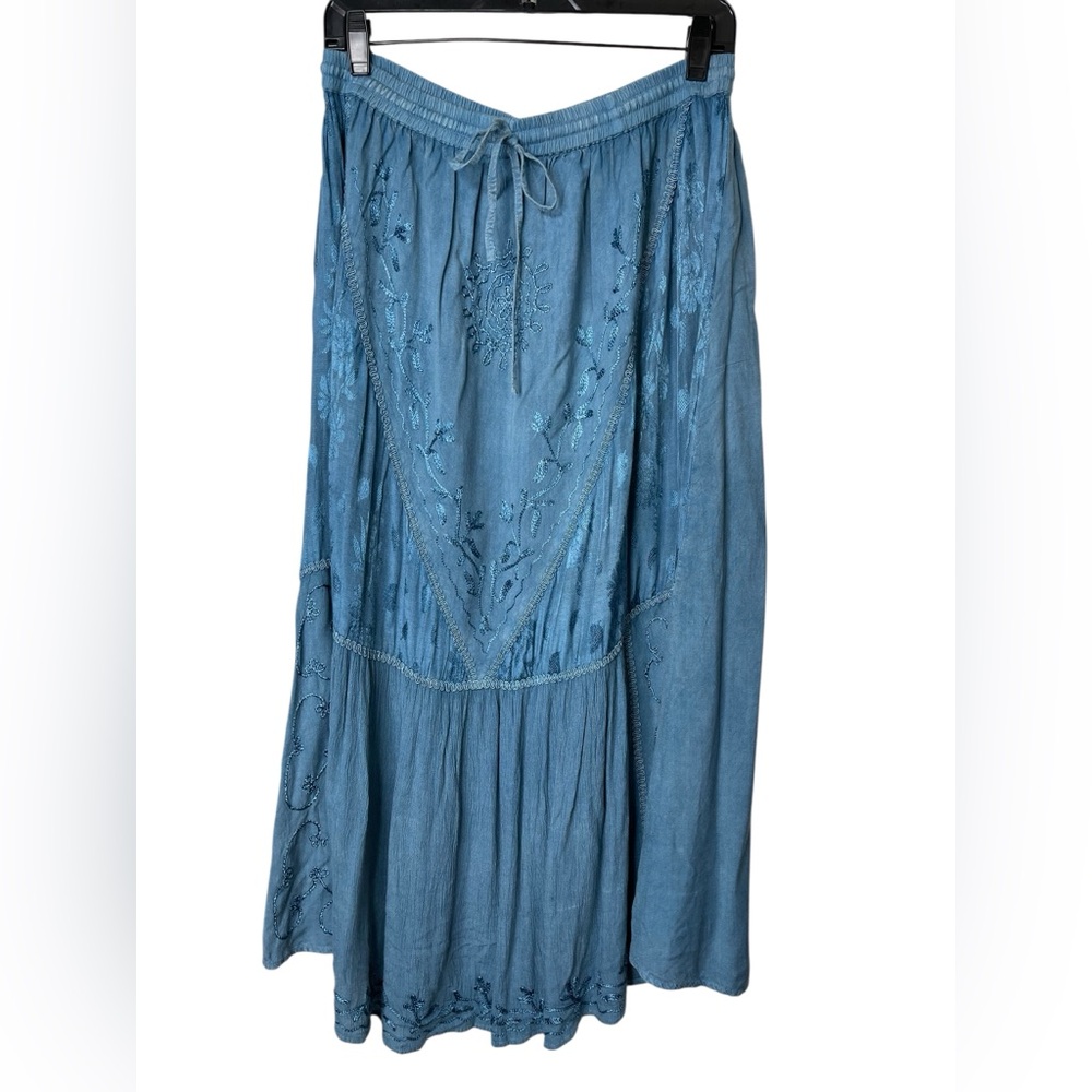 Vintage Blue Folklore Rayon Full Maxi Skirt Free Size Cottagecore Prairie
